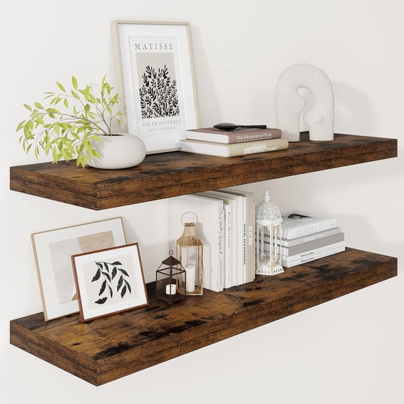 12" Deep Floating Shelves for Wall 36" Long, Wall Shelves for Bedroom Living Room Bathroom Kitchen Laundry Room, Farmhouse Rustic Shelves for Home Decor, 36" X 12" X 2" Set Of 2, Rustic Brown