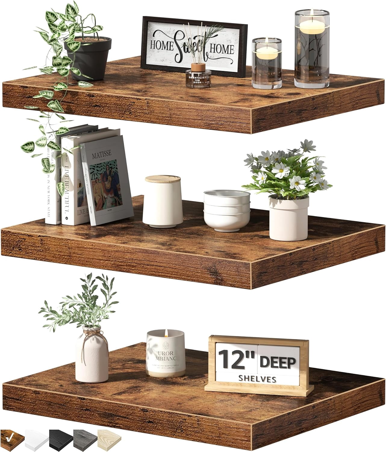 12" Deep Floating Shelves for Wall - 12 x 16 inch Book Shelf Bathroom Bedroom Kitchen Living Room Hanging Bookshelf Farmhouse Set of 3, Brown