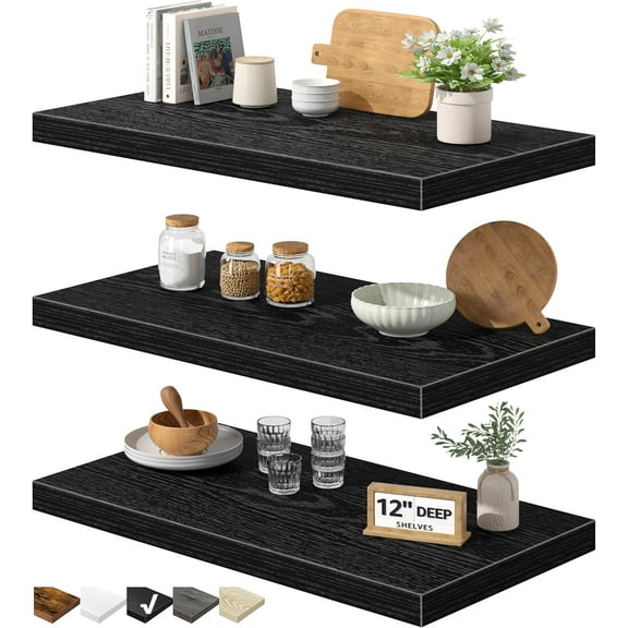 12" Deep Floating Shelves for Wall - 12 x 24 inch Book Shelf Bathroom Bedroom Kitchen Living Room Hanging Bookshelf Farmhouse Set of 3, Black