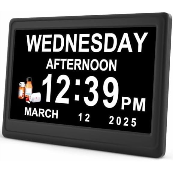 12” Dementia Digital Clock for Seniors Extra Large, 20 Alarm Reminders Date Day Time Display for Elderly Memory Loss Alzheimers, Electric Calendar Clock, Auto DST, 1024 * 600P HD