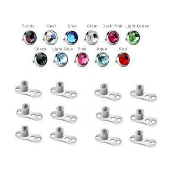 12 Dermal Anchor Tops 4mm Flat Cubic Zirconia and 12 Dermal Bases - 24 Pieces