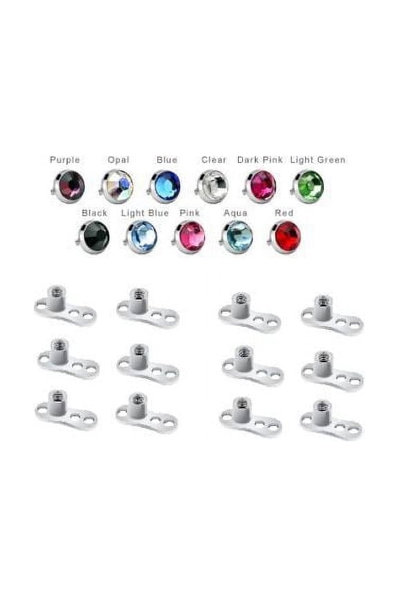 12 Dermal Anchor Tops 4mm Flat Cubic Zirconia and 12 Dermal Bases - 24 Pieces
