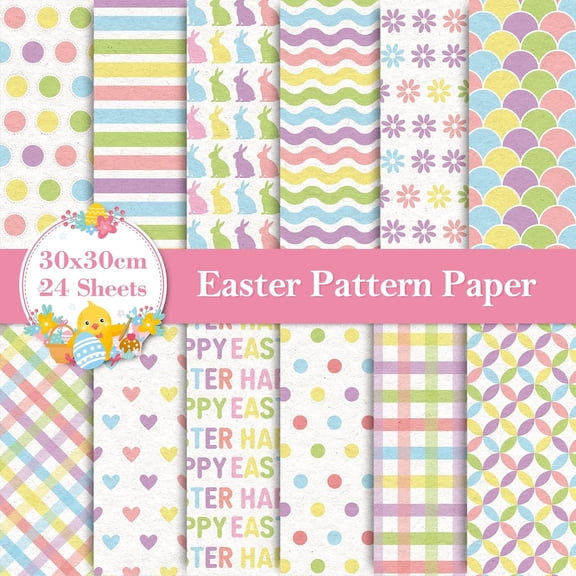12 Designs Easter Pattern Paper 24 Sheet Happy Easter Pastel Scrapbook Paper Double-Sided Spring Decorative Craft Paper Folded Flat for Card Making Scrapbook Photo Album Decor, 30 x 30cm