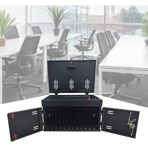 12 Device Charging Station for Laptops & Tablets, Portable Lockable Charging Cabinet Lock Box with Cable Management,Fits 17in Laptop Computers Chromebooks, for Classroom, Library, and Office(Black)