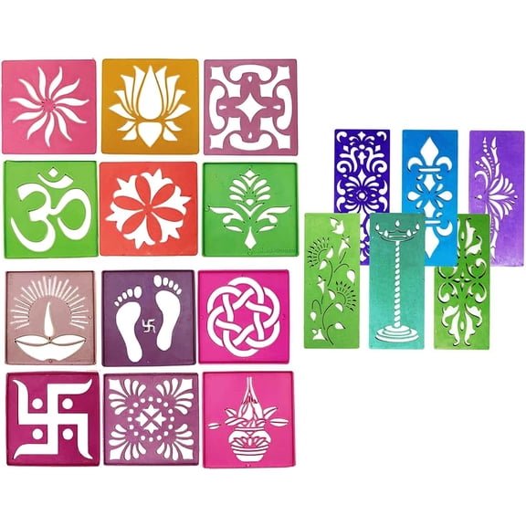 12 Different Design Draw Rangoli Making Kit Rangoli Stamp Om Swastik Flower Design Colourful Rangoli Making Stencils & 6 Border Stencils Total 18 Pieces