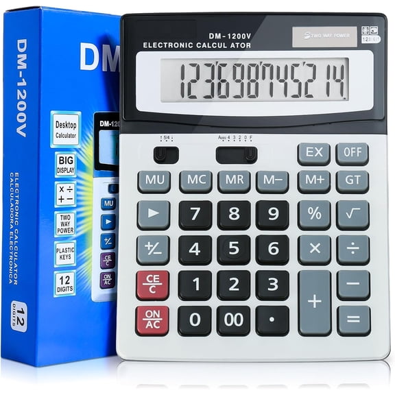 12-Digit Desktop Calculator with Large Screen and Big Buttons, Solar/Battery Dual Power for Office, Home, School and Business Use