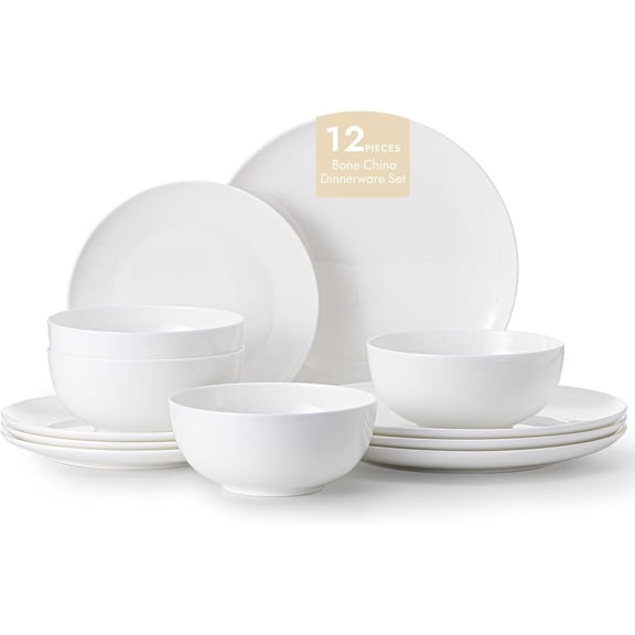 12-   Dinnerware Set for 4, Lightweight Porcelain Round Plates and Bowls Set, Durable Scratch Resistant Ceramic Dinner Set, Microwave & Dishwasher Safe,  White