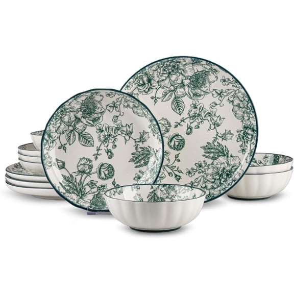 12- Dinnerware Set Service 4, Porcelain Plates and Bowls Set, Green Rose Scalloped , Country Aesthetic, Microwave Dishwasher Safe