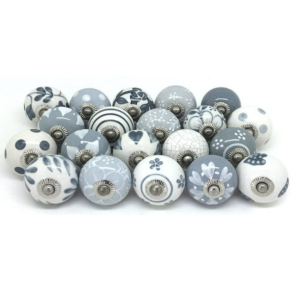 12 Door Knobs Grey Gray & White Cream Creme Rare Hand Painted Ceramic Knob Kitchen Cabinet Drawer Pull Puller (12 Grey)