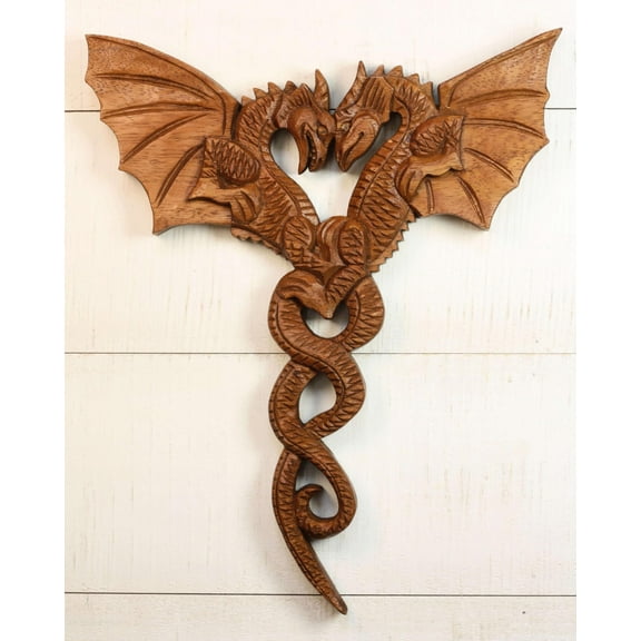 12" Dragon Couple Wooden Wall Art – Hand Carved Twin Dragon Sculpture, Rustic Fantasy Home Decor