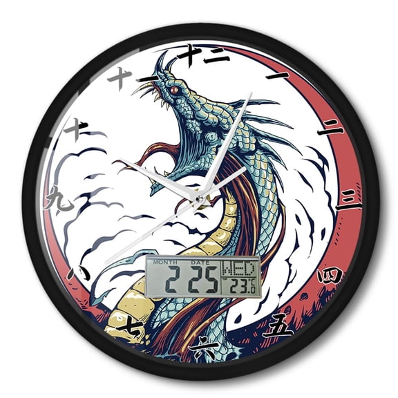 12'' Dragon Head With Chinese Numerals Modern Design Wall Clock with Perpetual Calendar Temperature Display,Medieval Home Decor Fantasy Silent Non-Ticking Metal Frame Round for Man Cave