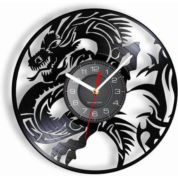12" Dragon Wall Clock Gothic Vinyl Record Clock for Dragon Lovers Gift, Fantasy Flying Evil Dragon Clock, Dragon Lamp, Silent Movement, For Man Cave Game Room Boys Room Gothic Decor