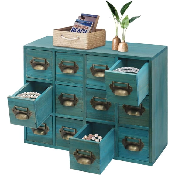 12-Drawer Apothecary Cabinet with Metal Handles & Label Slots Wooden Desktop Organizer for Herbs, Stationery, and Small Office Supplies