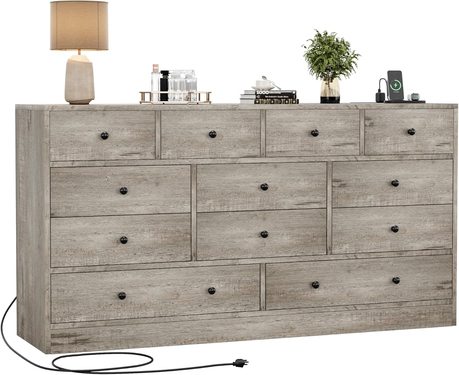 12 Drawer Dresser for Bedroom, 61 Inch Dresser with Power Outlet, Modern Chest of Drawer, Wood Triple Wide Drawer Organizer Cabinet for Bedroom, Living Room, Entryway, Hallway