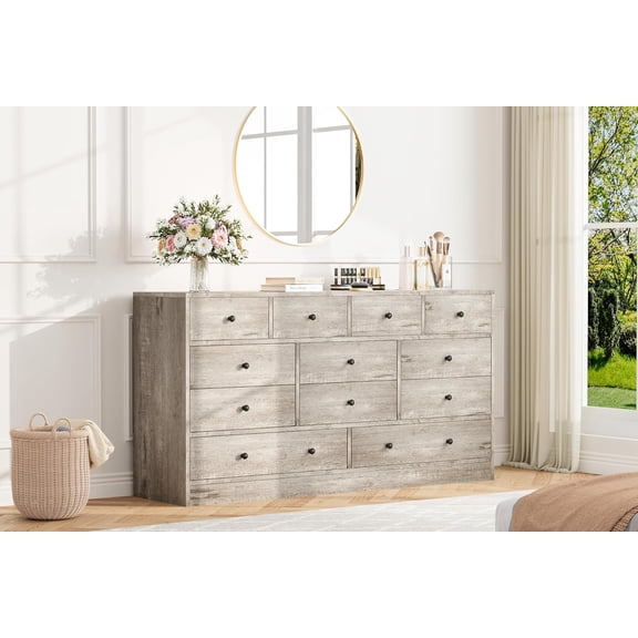 12 Drawer Dresser for Bedroom, 61 in Long Modern Grey Dresser TV Stand with Charging Station, Large Wooden Chest Od Drawers for Nursery, Closet, Living Room
