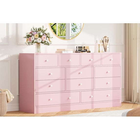 12 Drawer Dresser for Bedroom, 61 in Long Modern Pink Dresser TV Stand with Charging Station, Large Wooden Chest Od Drawers for Nursery, Closet, Living Room