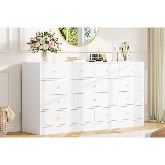 12 Drawer Dresser for Bedroom, 61 in Long Modern White Dresser TV Stand with Charging Station, Large Wooden Chest Od Drawers for Nursery, Closet, Living Room