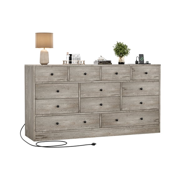 12 Drawer Dresser for Bedroom, 61" Long Wood Dresser TV Stand with Charging Station, Large Chest of Drawers for Living Room, Nursery, Closet, Antique Light