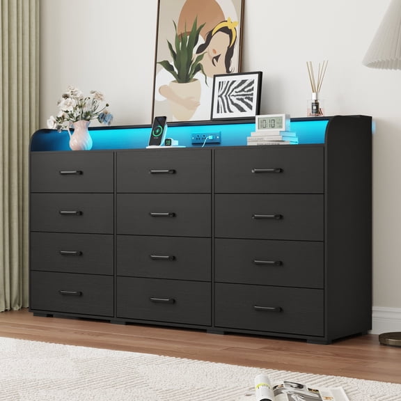 12 Drawer Dresser for Bedroom, 63" Large Long Wood dresser with Power Outlet, LED Light and Deep Big Drawers, Modern Minimalist Black Dresser Wide Chest of Drawers for Bedroom, Living Room