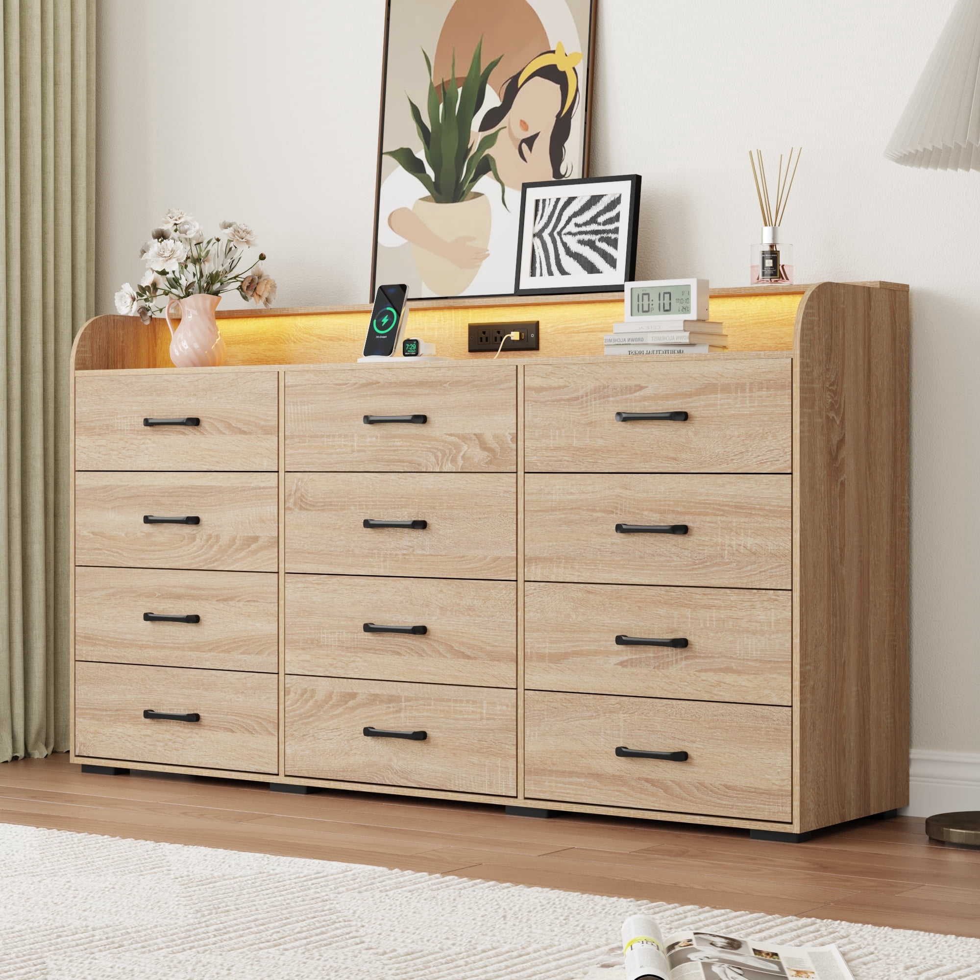 large long dresser Huuger 78.7 inch for Bedroom, 15 Drawer Fabric Dresser for Closet, TV Stand for 65, 75, 85 inch TV, Wide Chest of Drawer with Storage, 78.7" W x this dressers 9 drawers offer ample storage room FUFU&GAGA Beige Wood Grain 9-Drawer