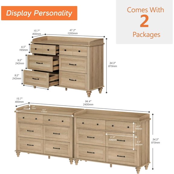 12 Drawer Dresser for Bedroom, Set of 2 Farmhouse Dressers with 6 Drawers, Light Wood Kids Dresser for Closet, Wide Dressers Organizer for Living Room & Hallway, Oak