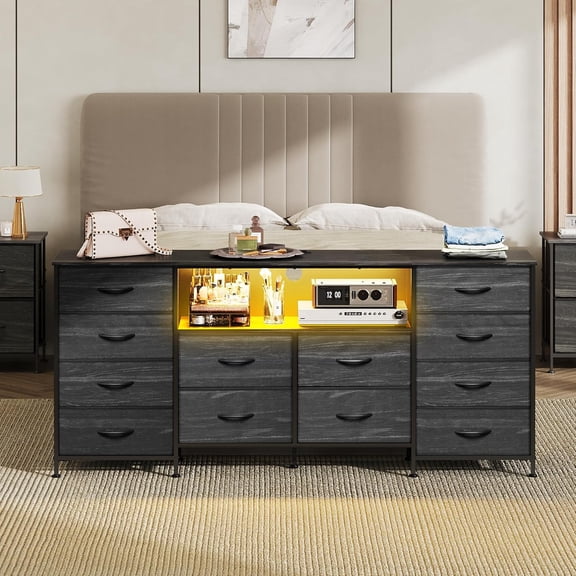 12 Drawer Dresser TV Stand with LED Lights & Charging Station for 65-75 Inch TVs, Black Fabric Storage Cabinet with Open Shelves