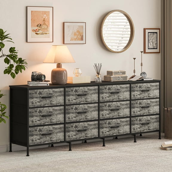 12 Drawer Dresser for Bedroom, 70Long TV Stand for 65, 75, 80 Inch TV, Dresser with Charging Station, Stable Wood Frame & Large Storage Chest