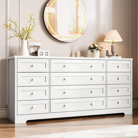 12 Drawer Dresser for Bedroom, Modern Wood Chest with Wide Top for 65" TV, Farmhouse Storage Cabinet for Living Room & Hallway, White