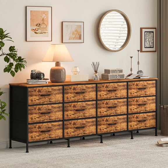 12 Drawer Fabric Dresser with Charging Station, Steel Frame TV Stand, 70 Inches for Bedroom Living Room
