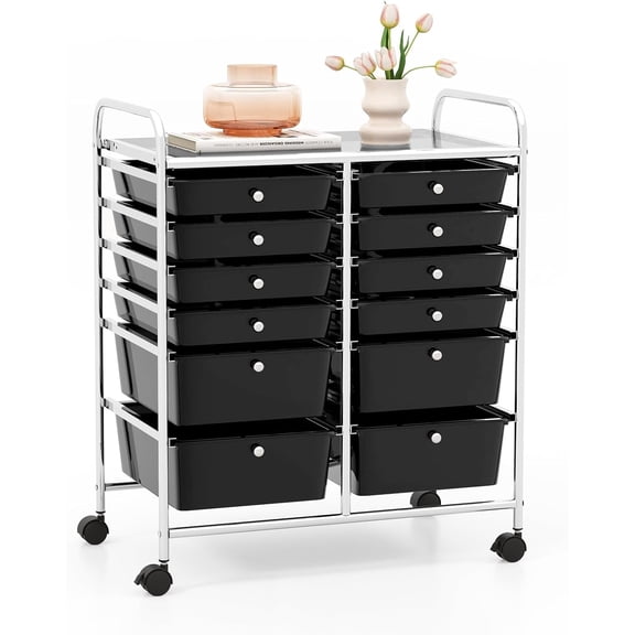 12 Drawer Rolling Cart with Drawers, Storage Cart with Lockable Wheel & Metal Frame, Multipurpose Mobile Trolley Utility Cart for Salon Makeup Kitchen Office Play Room (Black)