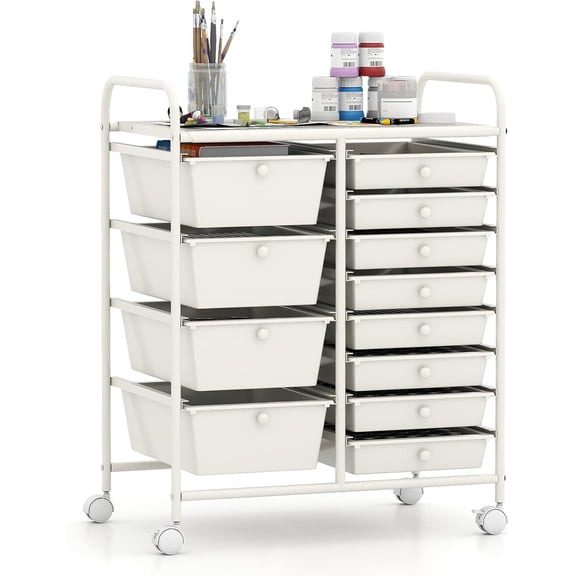 12 Drawer Rolling Cart with Drawers, Storage Organizer Cart for Classroom Office School Teacher, Mobile Drawer Cart for Tools, Crafts, Small Printer, Ivory