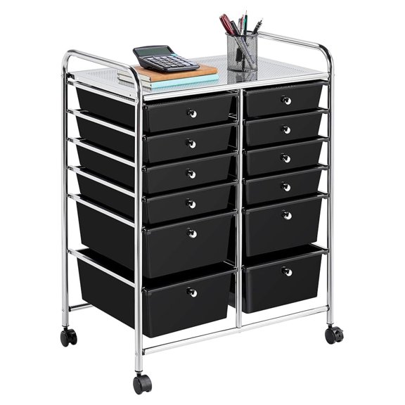 12-Drawer Rolling Cart Organizer Plastic Storage Drawers Trolley Utility Cart 360 Castors Wheels Black
