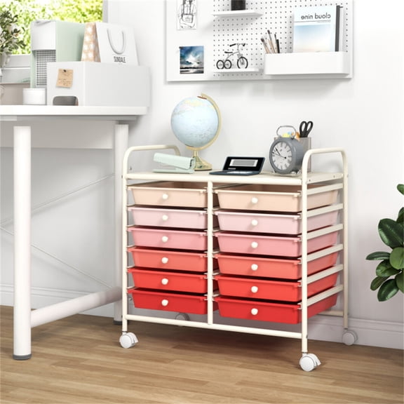12 Drawer Rolling Storage Cart, 2-Row 6-Storey Movable Organizer Cart, Utility Cart with 4 Wheels and Removable Drawer, Pink