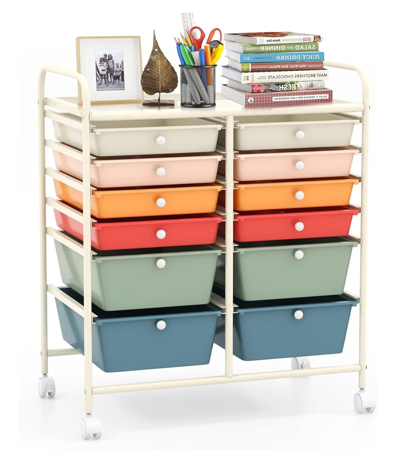 12 Drawer Rolling Storage Cart, Art Cart Organizer on Wheels, Mobile Utility Cart with Drawers ...