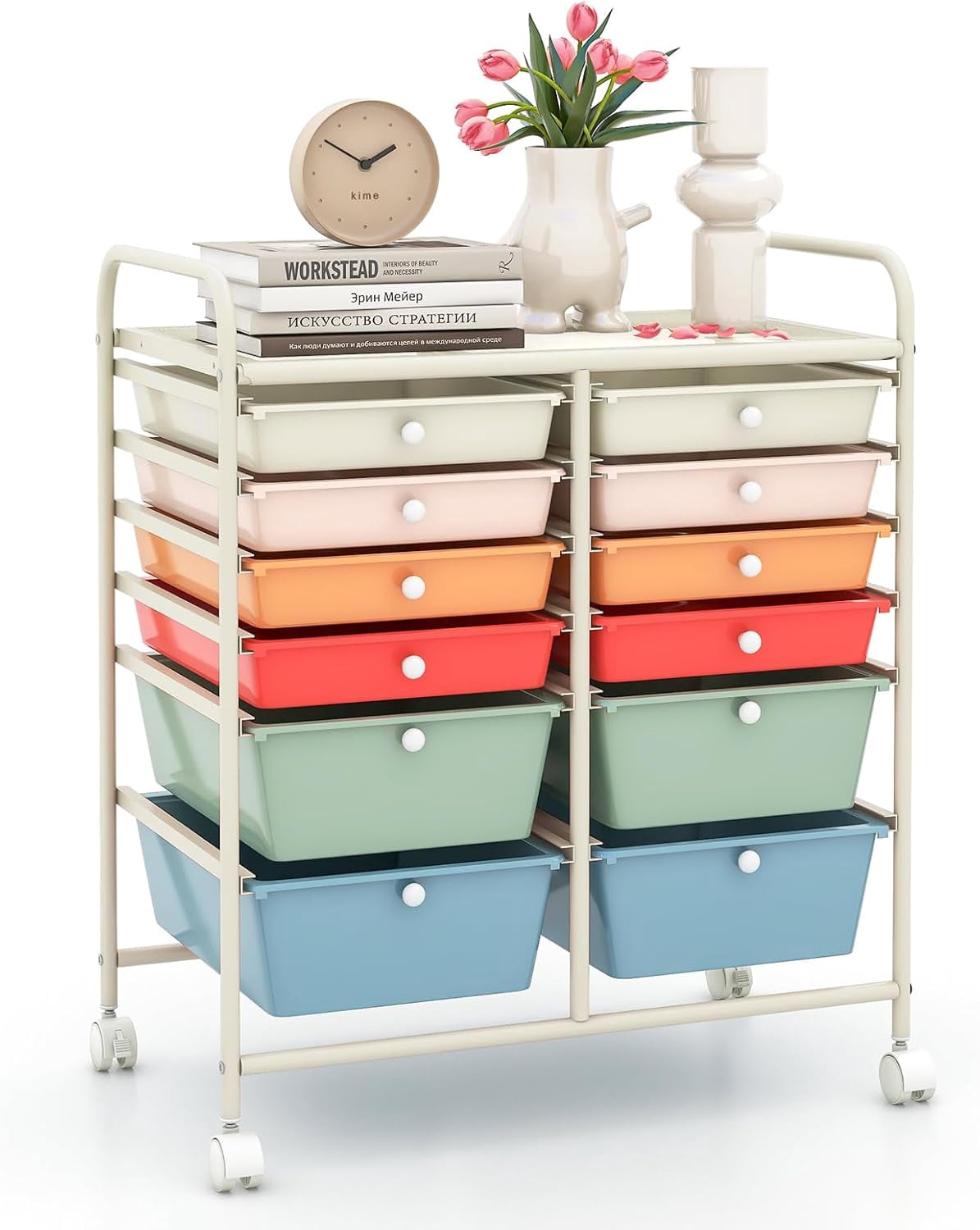 12 Drawer Rolling Storage Cart, Craft Cart Organizer on Wheels with Metal Frame, Large Capacity & Smooth Drawer, Rolling Cart with Drawers for Living Room, Classroom, Office (Macaron)