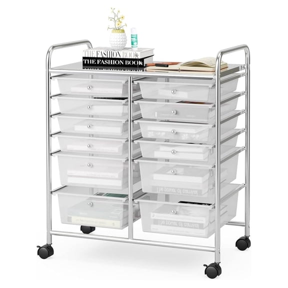 12 Drawer Rolling Storage Cart, Mobile Teacher Cart with Drawers, Classroom Drawer Organizer, Multipurpose Utility Cart on Wheels for Home Office School (Clear, 12 Drawers)