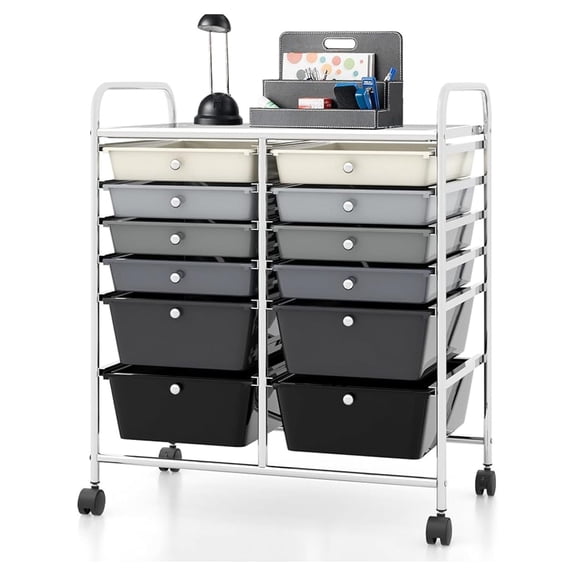 12 Drawer Rolling Storage Cart, Mobile Teacher Cart with Drawers, Classroom Drawer Organizer, Multipurpose Utility Cart on Wheels for Home Office School (Gradient Grey, 12 Drawers)