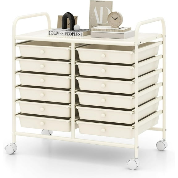 12-Drawer Rolling Storage Cart - Mobile Utility Cart on Wheels for School Classroom Teacher Office Salon, Paper File Art Supply Craft Organizer, Rolling Cart with Drawers (White)