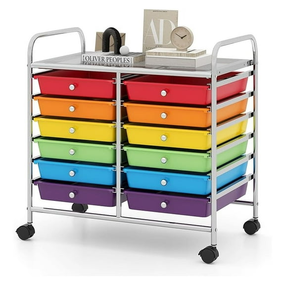 12-Drawer Rolling Storage Cart - Mobile Utility Cart on Wheels for School Classroom Teacher Office Salon, Paper File Art Supply Organizer, Rolling Cart with Drawers (Colorful)
