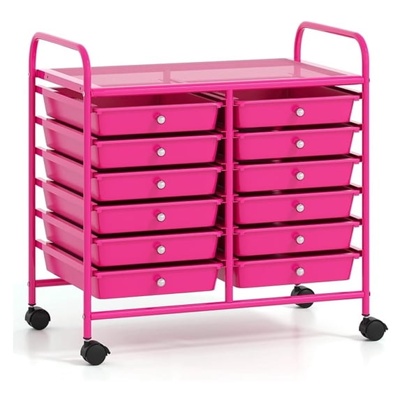 12-Drawer Rolling Storage Cart, Multifunctional Art Organizer Cart, Mobile Utility Storage Cart with Removable Drawers & Lockable Wheels, Cart for Home Office School, Hot Pink