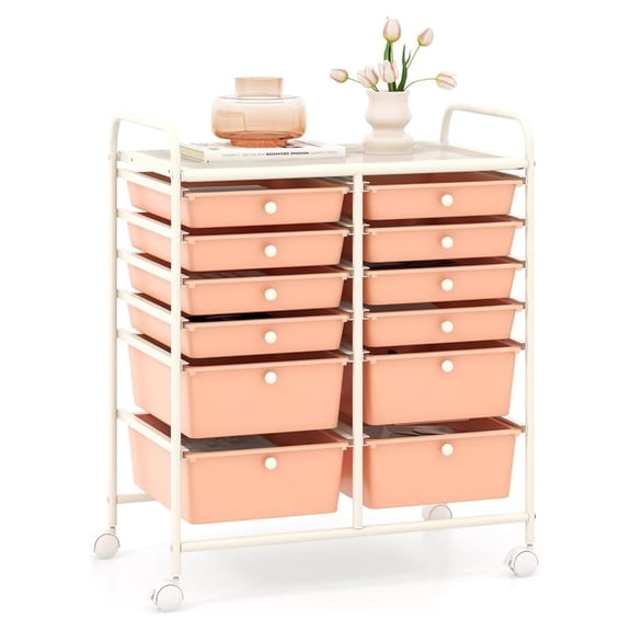 12-Drawer Rolling Storage Cart, Multipurpose Organizer Cart with 2 Sizes Plastic Drawers, Mobile Utility Cart with Lockable Casters for School, Home Office, Beauty Salon, Peach Fuzz
