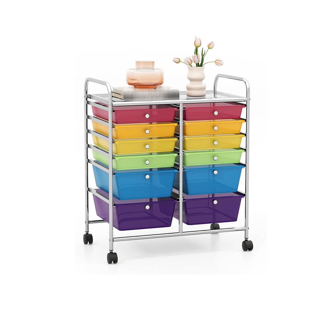 Multicolor 12-Drawer Rolling Storage Cart with Chrome Frame