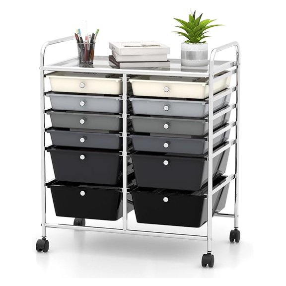 12-Drawer Rolling Storage Cart, Multipurpose Organizer Cart for Home Office School, Utility Cart with Wheels (Black Gradient)
