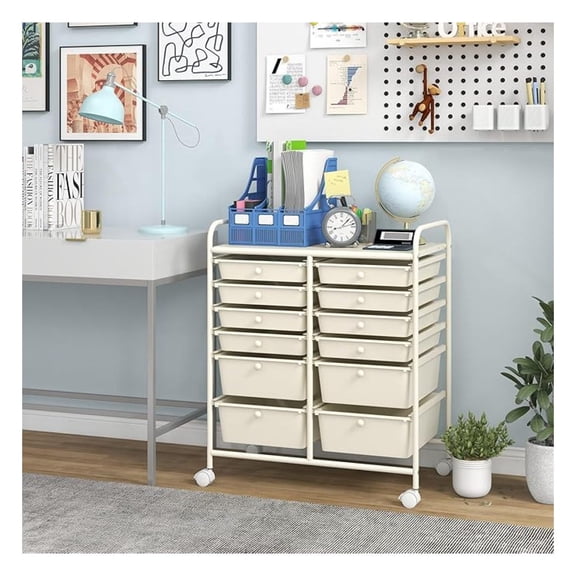 12-Drawer Rolling Storage Cart, Multipurpose Storage Cart W/Lockable Wheels, 2 Sizes Plastic Drawers & Metal Shelf, Mobile Utility Cart for Home Office School ()