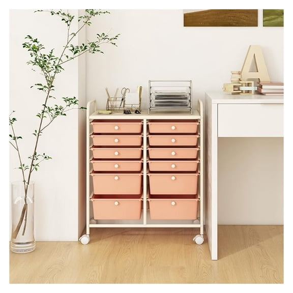 12-Drawer Rolling Storage Cart, Multipurpose Storage Cart W/Lockable Wheels, 2 Sizes Plastic Drawers & Metal Shelf, Mobile Utility Cart for Home Office School (Peach Fuzz)