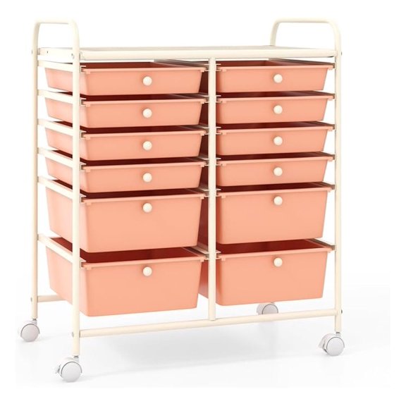 12 Drawer Rolling Storage Cart, Utility Cart w/Wheels for Paper Tool Makeup, Art Supplies Organizers for Home Teacher Office School Classroom, Mobile Drawer Carts (Peach Pink)