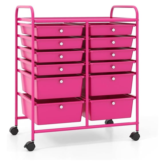 12 Drawer Rolling Storage Cart, Utility Cart w/Wheels for Paper Tool Makeup, Art Supplies Organizers for Home Teacher Office School Classroom, Mobile Drawer Carts (Pink)