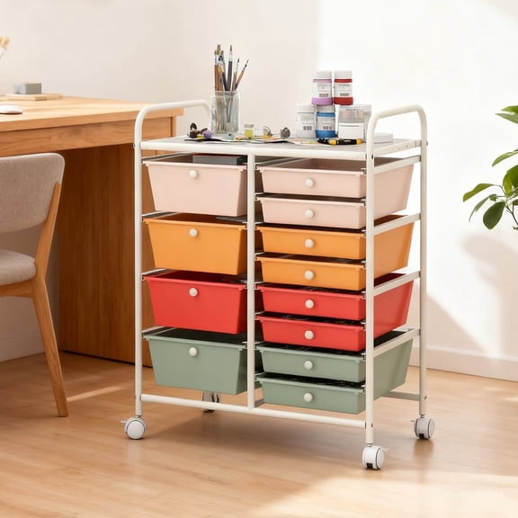 12-Drawer Rolling Utility Storage Cart with Metal Frame, Mobile Organizer for Home Office Craft Room Classroom, 25" x 14.5" x 34.5" RLB