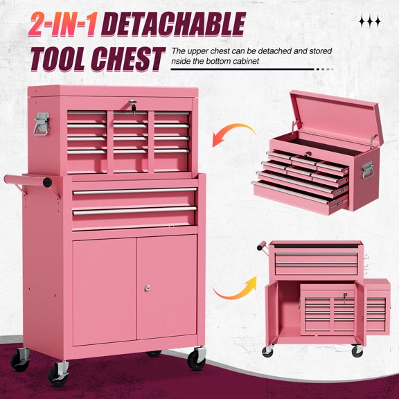 12-Drawer Tool Chest with Wheels,2-In-1 Detachable Metal Toolbox Storage Cabinet Organizer(Pink)