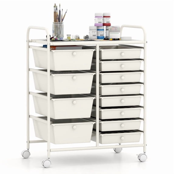 12-Drawer Utility Rolling Cart with Metal Tabletop, Drawer Organizer with Wheels, Scrapbook Paper Office School Organizer,White